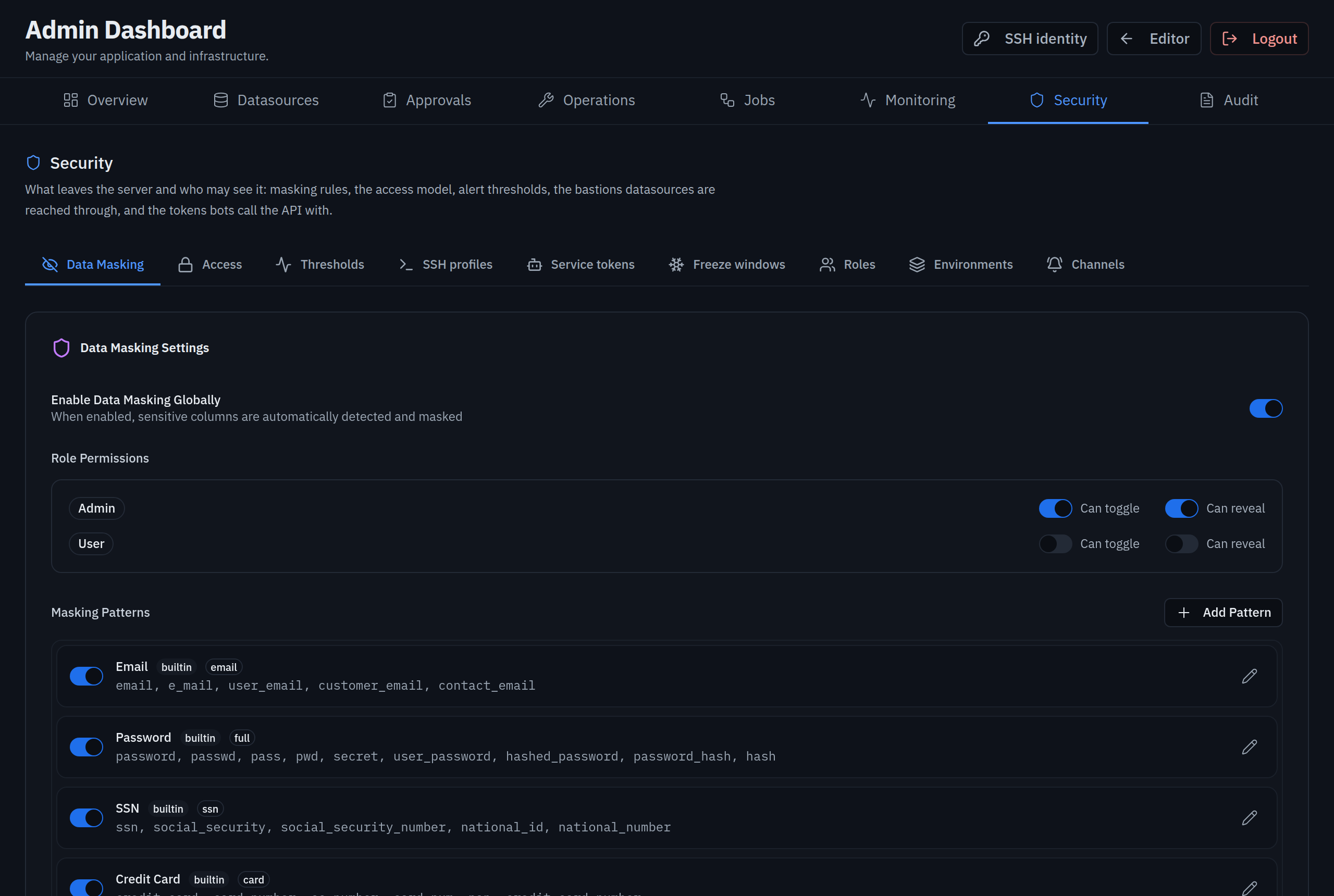 Masking, environments, named roles, freezes, tokens and SSH profiles