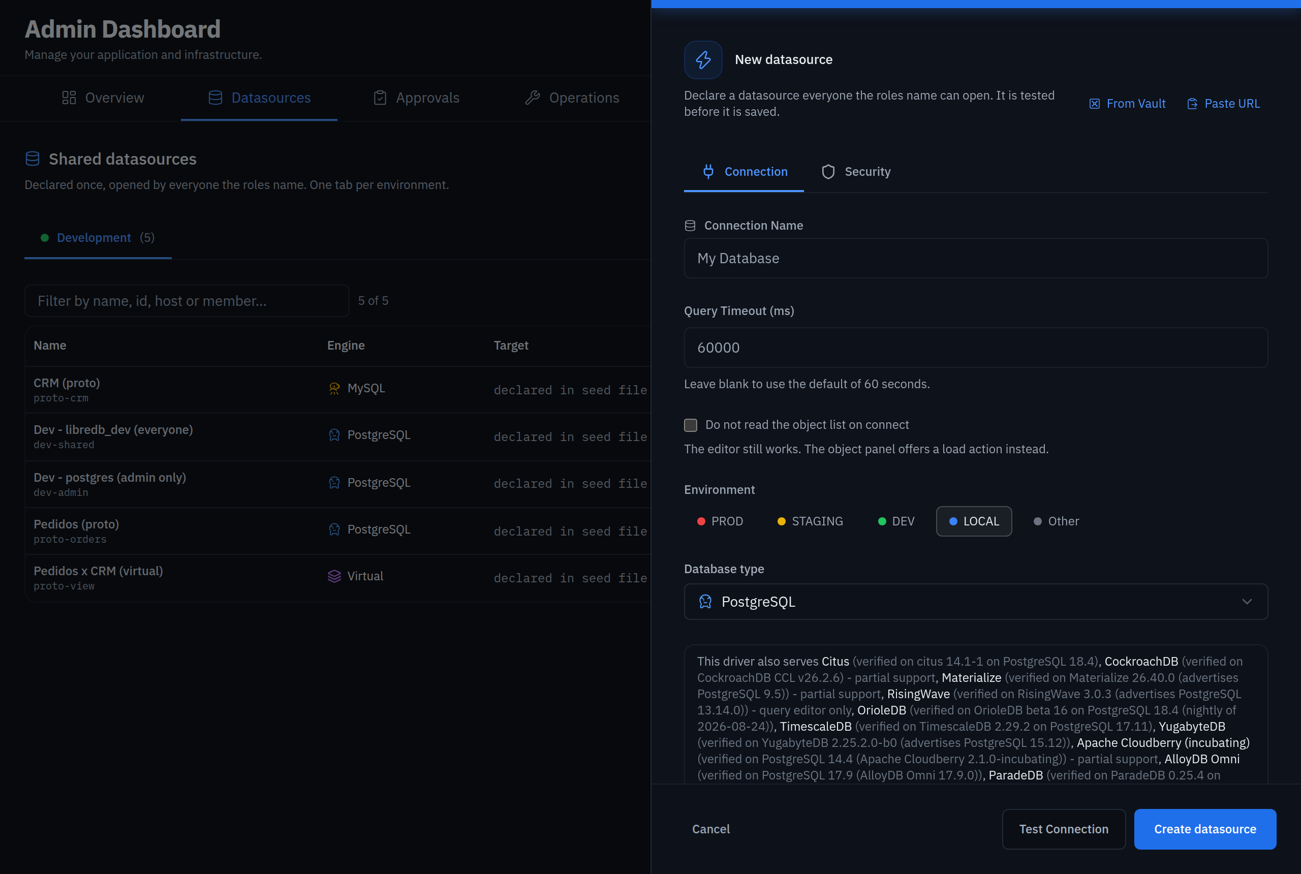 A datasource declared: engine, access, secrets from Vault