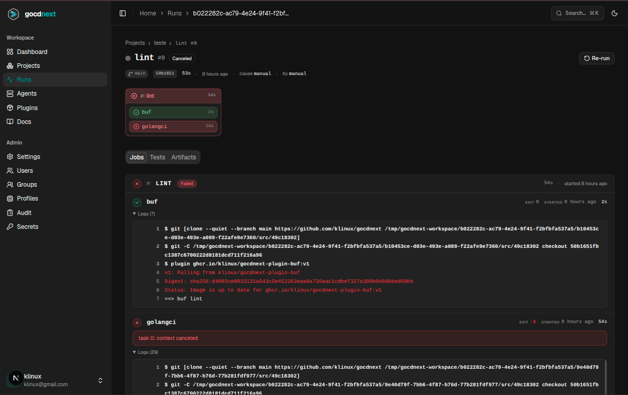 Run detail with live logs